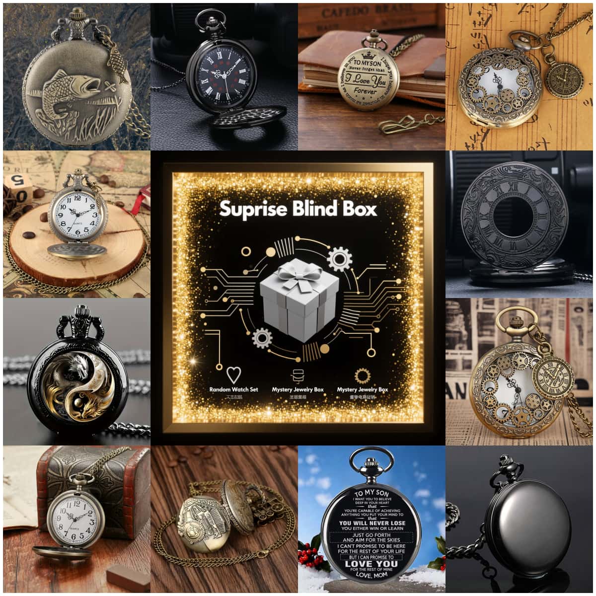 Vintage Fashion Mens - Montre mystère Surprise, boîte aveugle, mode