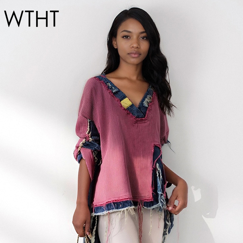 Vintage Fashion Influencer - WTHT mode femmes épissé Denim irrégulière